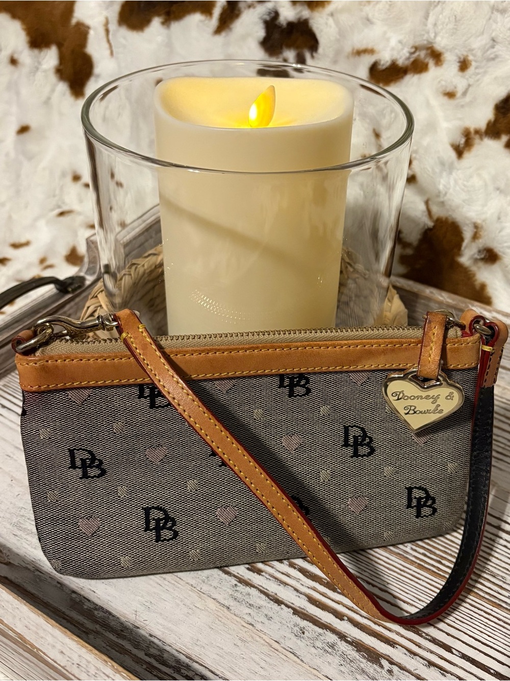 Dooney & Bourke Gray Signature Heart Wristlet with Tan Trim